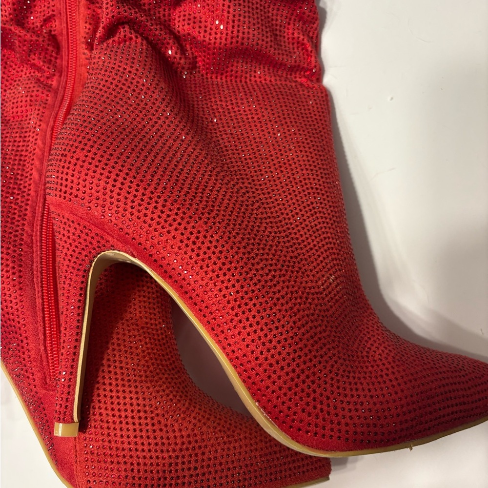 Red Rhinestone Thigh High Heeled Boots - Picture 4 of 5